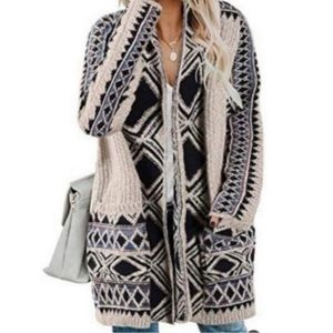 Lucky Brand Black and Cream Aztec Open-Front Cardigan